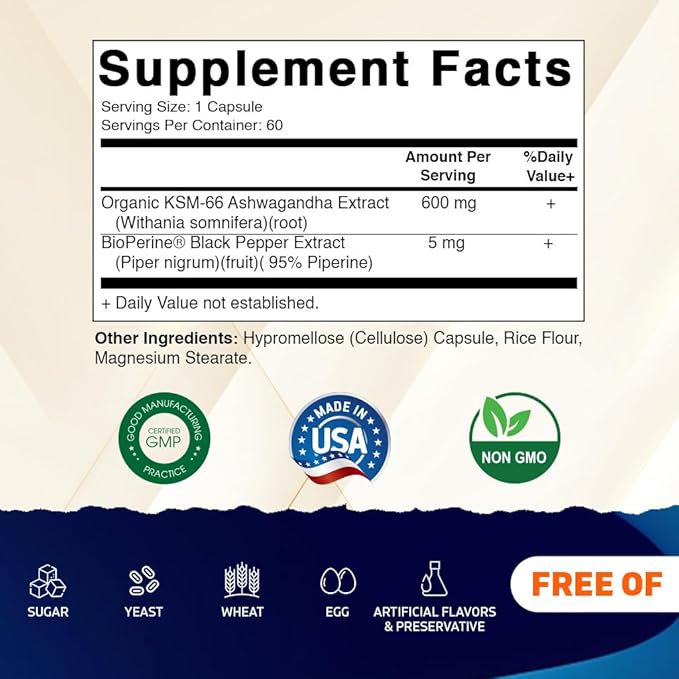 Vitamatic KSM-66 Ashwagandha Root Extract + Bioperine - 600mg, 60 Veggie Caps (1200 mg per 2 Capsules)