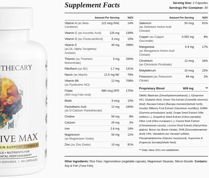 Cognitive Max Brain Health Supplement - DMAE Bacopa Ginkgo GABA Phosphatidylserine - Brain Nutrition Formula with B Complex DHA Vitamins Minerals - Daily Cognitive Wellness - Vegan - 60 Capsules