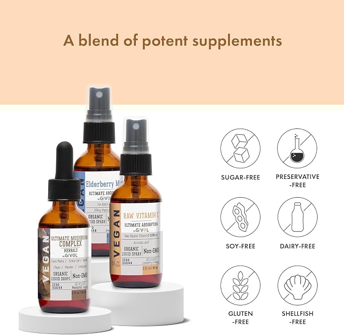 Antioxidant Powerhouse Bundle - Elderberry, Raw Vitamin C, Mushroom Complex - Nutriments, Phytonutrients & Cognitive Well-Being All in One Package - Multivitamins - 2 Fl Oz - 240 Days Supply