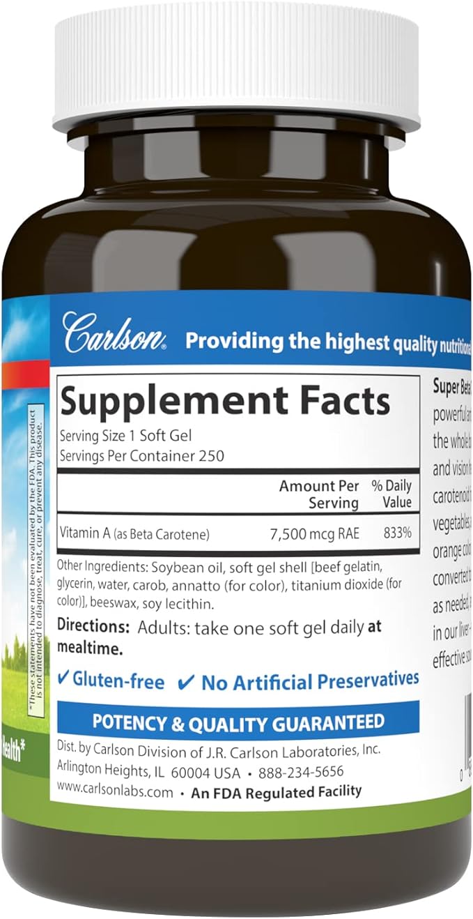 Carlson - Super Beta Carotene, 25000 IU (15 mg), Vitamin A as Beta Carotene, Bioavailable and Bioactive Form, Vision Health, Healthy Skin, 250 Softgels