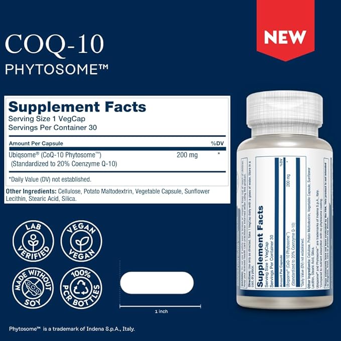 SOLARAY CoQ-10 Phytosome - 9X Absorption CoQ10 200mg - Easy-to-Digest Antioxidants Supplement - Vegan and Made Without Soy - 60-Day Guarantee - 30 Servings, 30 VegCaps