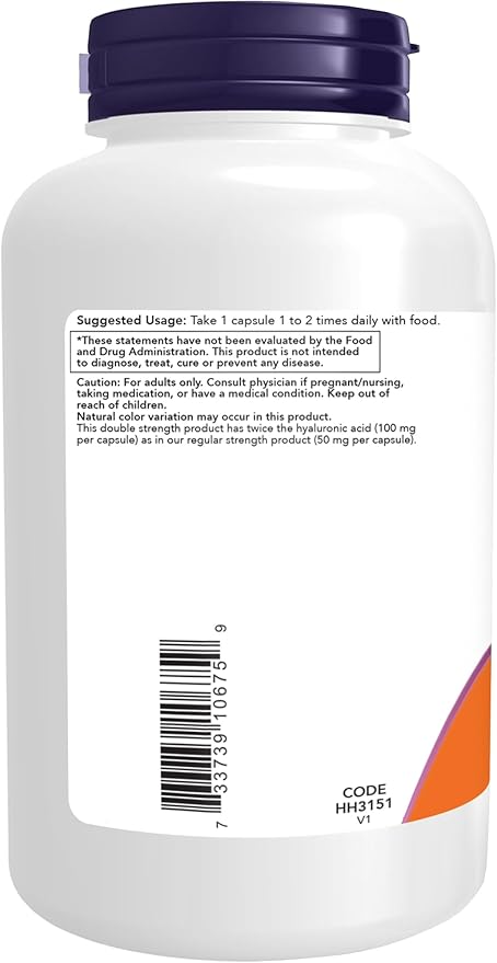 NOW Foods Supplements, Hyaluronic Acid 100 mg, Double Strength with L-Proline, Alpha Lipoic Acid and Grape Seed Extract, 180 Veg Capsules (1)