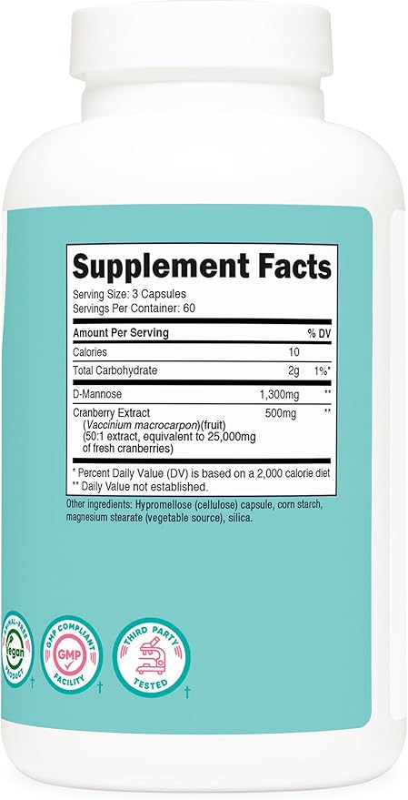 Nutricost D-Mannose with Cranberry Extract for Women 180 Capsules for 60 Servings Per Bottle - Vegan, GMO Free and Gluten Free