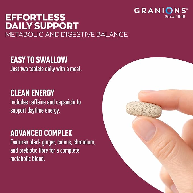 Granions GLP-1 Support Supplement - Metabolism, Gut Health, Digestive Support - Fermented Black Ginger, Coleus Forskohlii, Chromium, Capsaicin, Caffeine - Vegan, Gluten Free Supplements - 60 Tablets