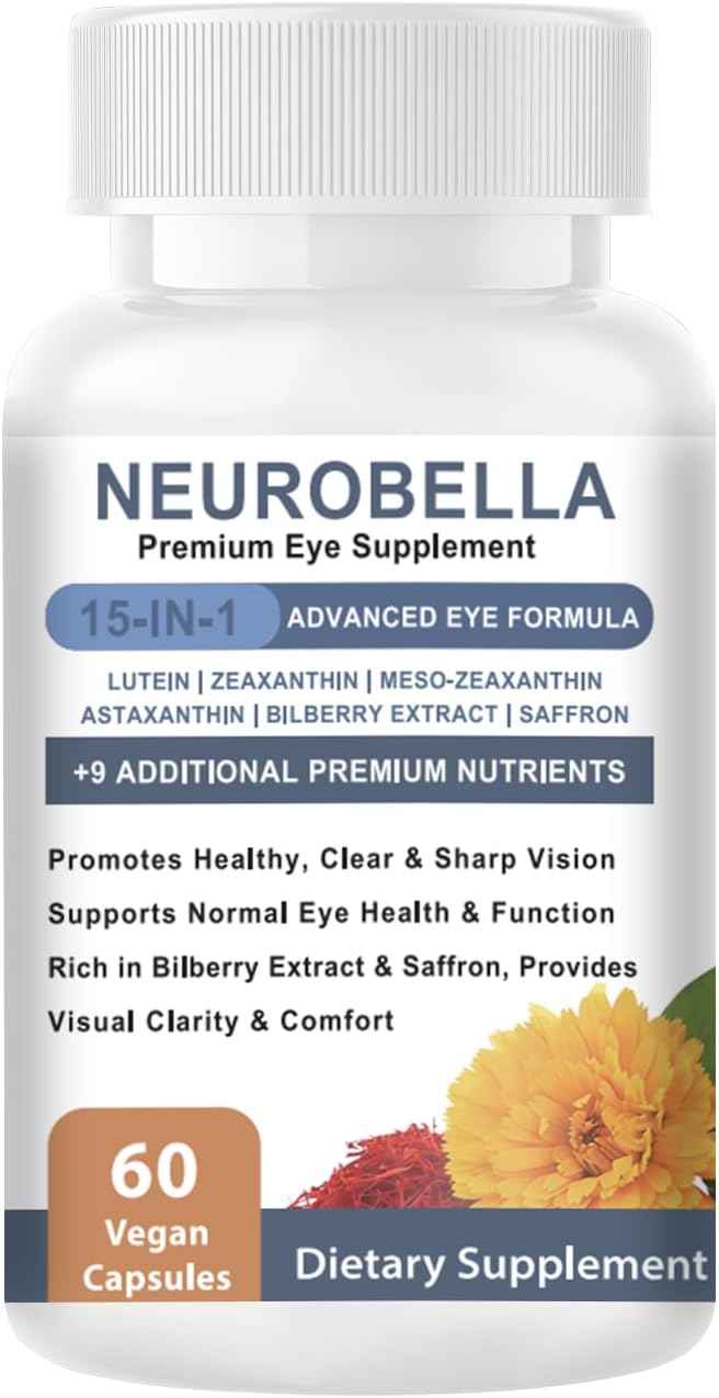 Neurobella Eye Formula， 15-in-1 Eye Nutritional Support Capsules - Containing carotenoids (Lutein, zeaxanthin, etc.),Bilberry Extract and Saffron, 60 Capsules