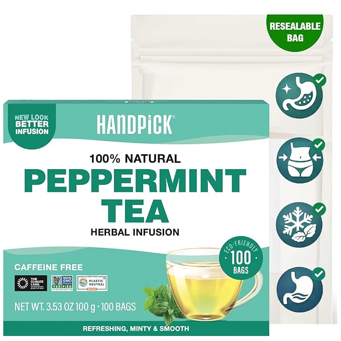 HANDPICK, Peppermint Tea, Eco-Conscious Tea Bags - 100 Count | Caffeine Free, Non-GMO | Minty, Fresh & Cool flavor | Direct From Source
