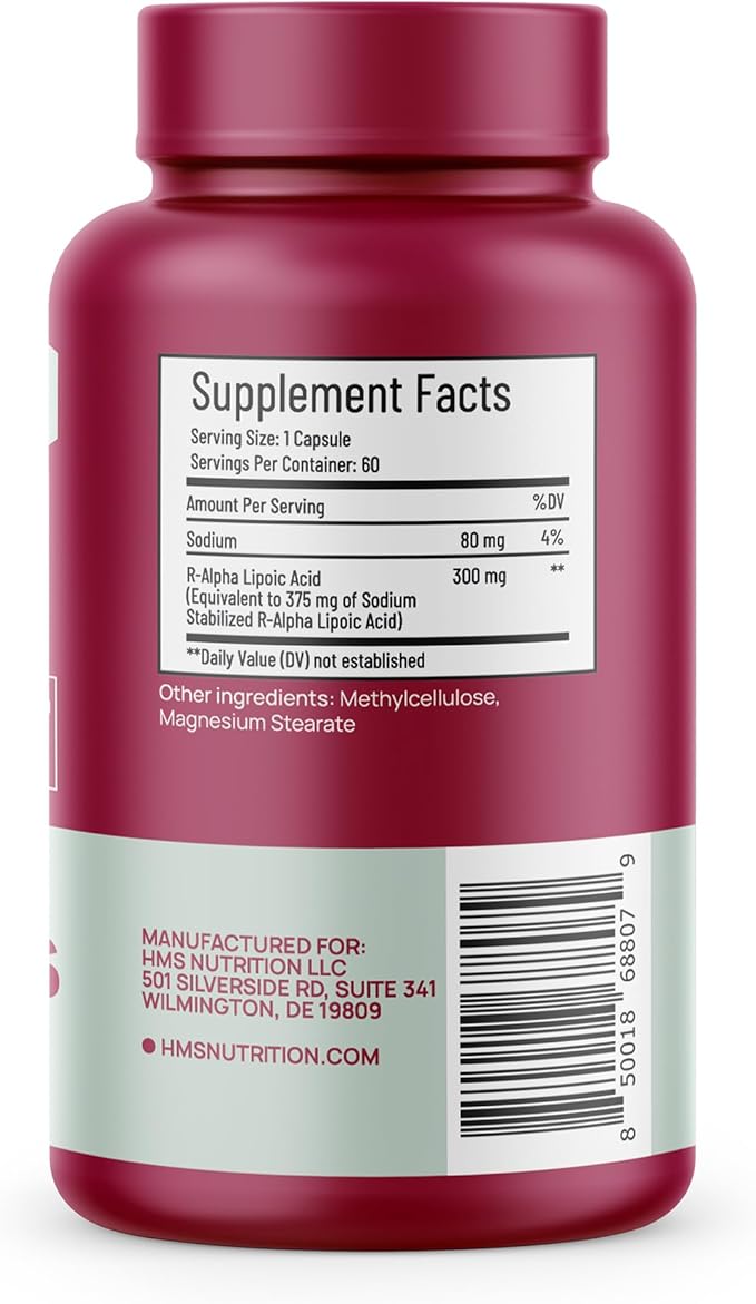 Stabilized R-Lipoic Acid 300 mg per Serving — Pure R Alpha Lipoic Acid (R-ALA) High Potency Active R Isomer Antioxidant Nerve & Metabolism Support — NSF Certified Non-GMO Vegan 60Capsule