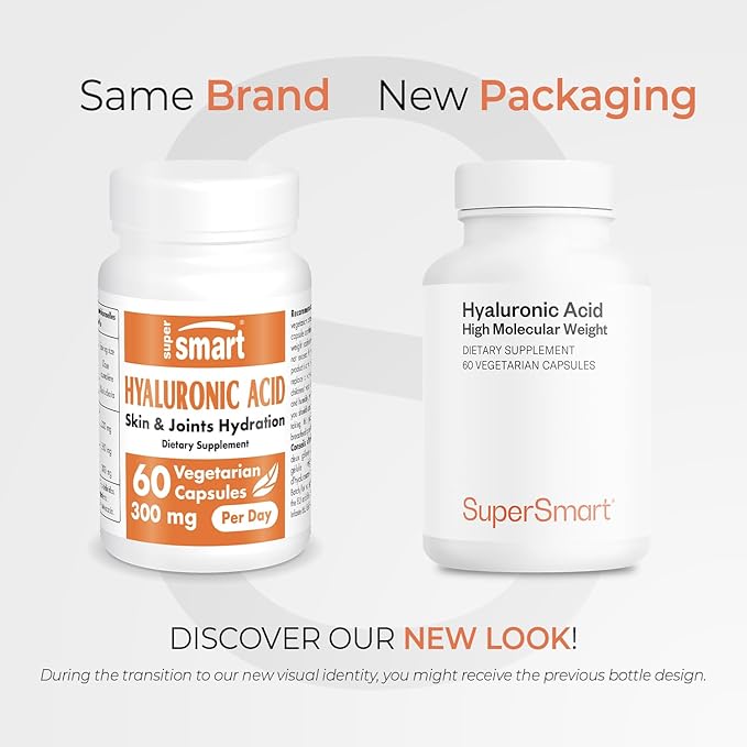 Supersmart Hyaluronic Acid Supplement 300mg per Day (Sodium Hyaluronate) - High Molecular Weight 1.2 Million Daltons | Non-GMO & Gluten Free - 60 Vegetarian Capsules
