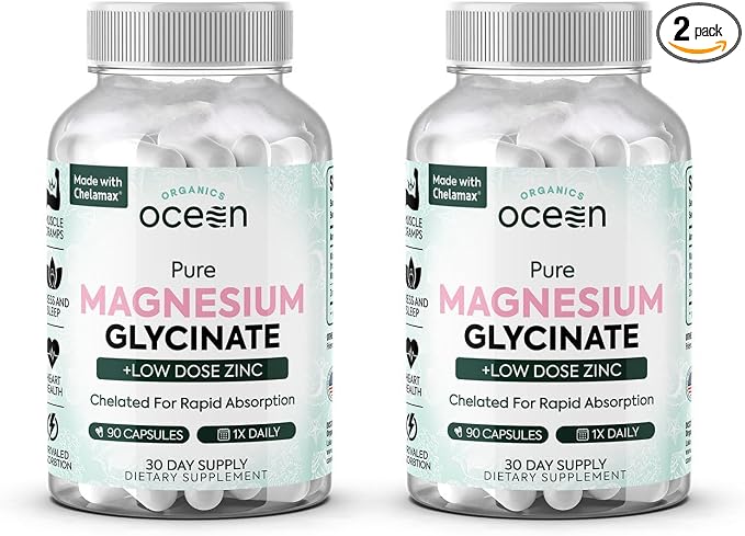 Organics Ocean Pure Magnesium Glycinate with Zinc - Maximum Strength Chelated Magnesium Supplement for Women and Men for Muscle Cramps and Sleep Support - 2 Bottles