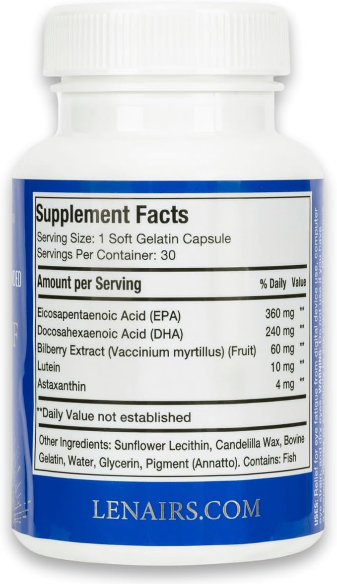 Tired & Dry Eye Relief: Digital Screens Eye Strain from with Omega 3, EPA & DHA, Bilberry, Lutein, Astaxanthin, Essential Nutrients for Eye Health, Gluten Free