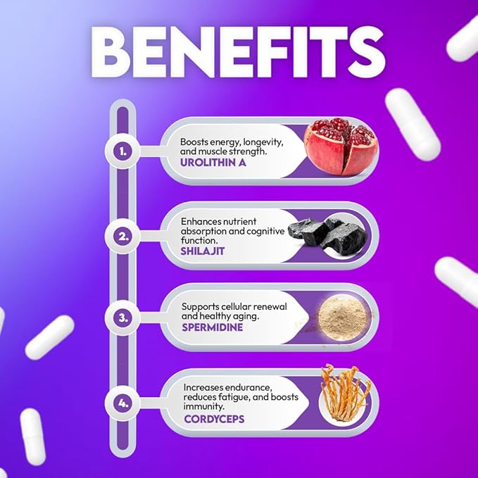 Urolithin A Supplement 500mg with 4-in-1 Power Blend of Spermidine 10mg, Shilajit 300mg & Cordyceps 400mg Per Serving - Boosts Cellular Energy, Strength, Longevity, Immunity & Healthy Aging