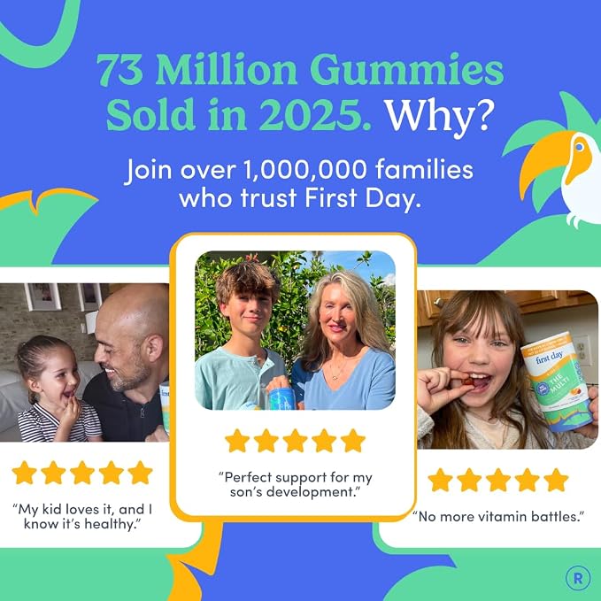 First Day Kids Multivitamin Gummies Age 4+, Strawberry & Orange - Kids Vitamins Multivitamin Gummy A C D3 K2 B1 B2 B6 B12 Folate, Immunity & Brain Function, Vegan - 30 Day Supply, Packaging May Vary