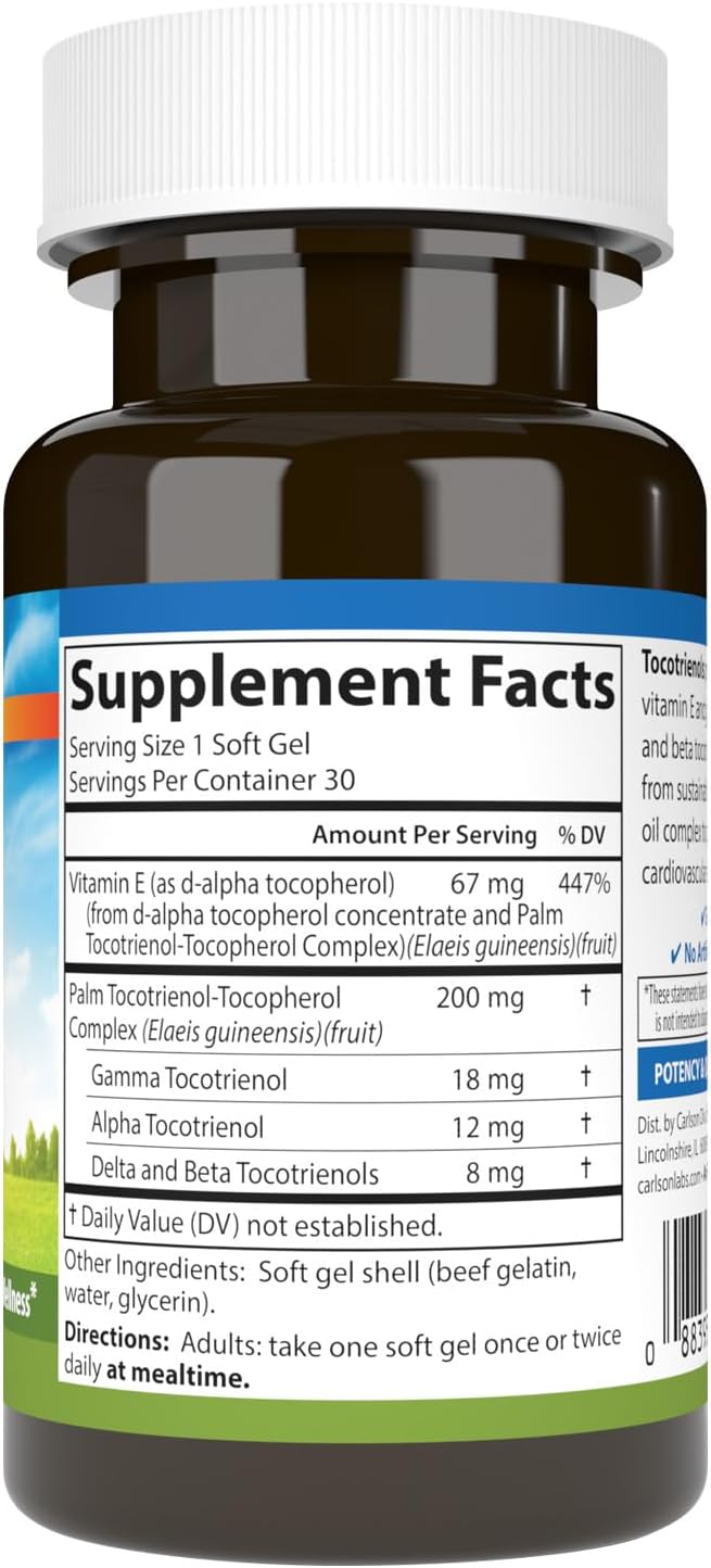 Carlson - Tocotrienols, 40 mg, with Natural-Source Vitamin E, Gamma, Alpha, Delta, Beta, Sustainably Sourced, 30 Softgels (Pack of 2)