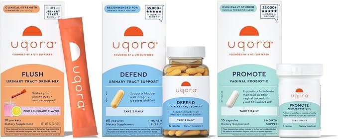 Uqora Complete Regimen with Flush, Defend & Promote - Urinary Tract Support with D-Mannose, Vitamin C, Green Tea Extract, Probiotics & More - Comprehensive Bladder Health Support* - 3-Part Bundle