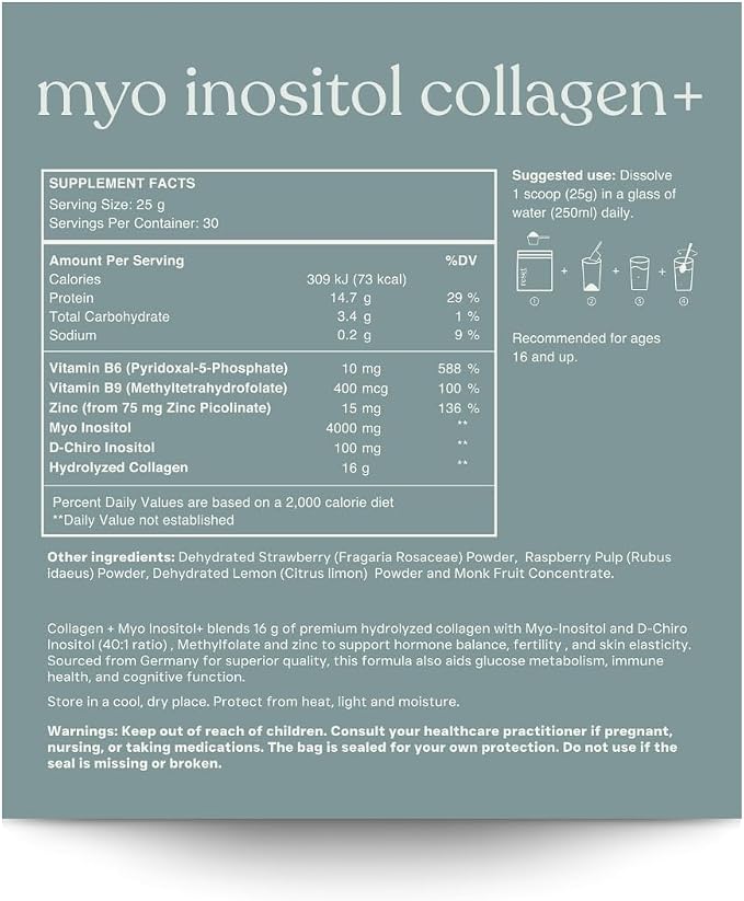 MYO INOSITOL Collagen+ Myo-Inositol & D-Chiro Inositol (40:1), Hydrolyzed Collagen, Folate, Zinc & Vitamin B6 Hormonal Balance, Fertility, Skin & Hair Support Strawberry Lemonade 750 g