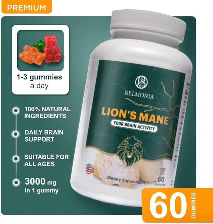 Lion's Mane Mushroom Gummies, 5400mg per Serving*, Brain Health Supplements for Adults, Cognitive Focus Memory Supplement, 60 Count, Superfood Organic Gummies