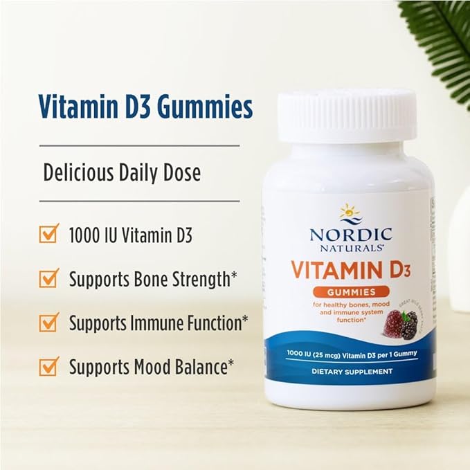 Nordic Naturals Vitamin D3 Gummies, Wild Berry - 60 Gummies - 1000 IU Vitamin D3 - Great Taste - Healthy Bones, Mood & Immune System Function - Non-GMO - 60 Servings