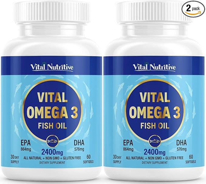 Vital Omega 3 Fish Oil Supplements 2400mg | 864mg EPA & 576mg DHA | 1440mg Total Omega-3 Fatty Acids | Promotes Brain & Heart Health | Non-GMO, Gluten-Free, Sugar-Free | Lemon | 60 Day Servings