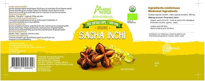 Amazon Andes Sacha Inchi Oil Capsules 500mg - Omega 3 6 9 Fatty Acids from Peru - 100 Softgels - Cold Pressed Virgin Inca Peanut Oil - Plukenetia Volubilis - Vegan Plant Based Non-GMO