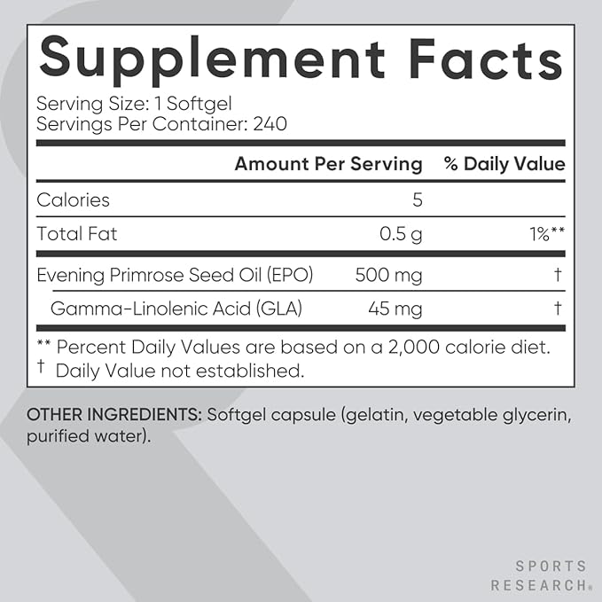 Sports Research Evening Primrose Oil (500mg) Cold-Pressed with No fillers or Artificial Ingredients, Non-GMO Tested - Gluten & Soy Free (240 Liquid Softgels) (Pack of 2)