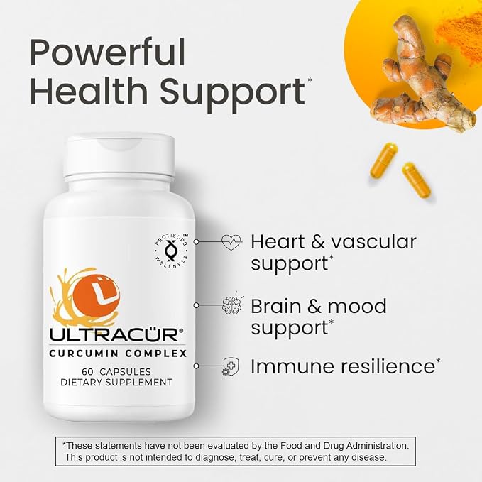 Ultracur Curcumin Complex Supplement - Ultra Bioavailable High Absorption Turmeric Curcumin Supplement for Joint, Muscle & Brain Support - Patented Protisorb for Premium Absorption – 60 Capsules