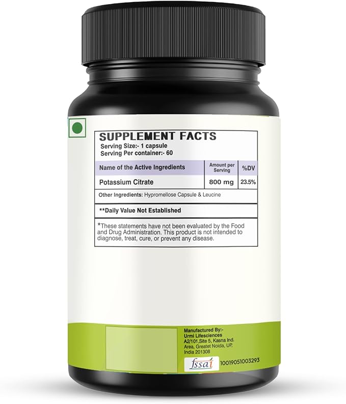 Potassium Citrate 800Mg Electrolyte Balance Kidney & Muscle Support 60 Vegan Non GMO Gluten Free Capsules