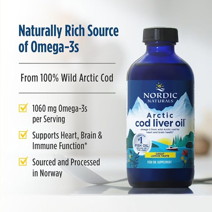 Nordic Naturals Arctic Cod Liver Oil, Lemon - 8 oz - 1060 mg Total Omega-3s with EPA & DHA - Heart & Brain Health, Healthy Immunity, Overall Wellness - Non-GMO - 48 Servings