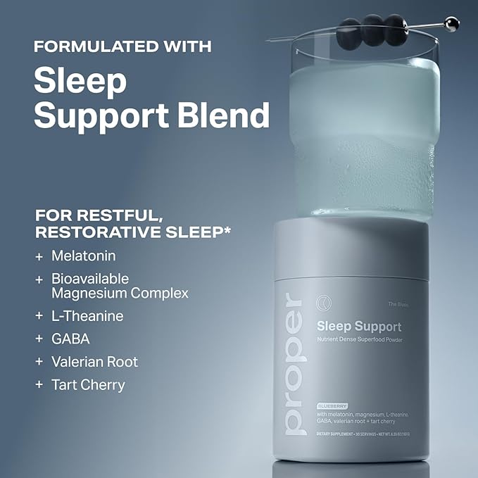 Proper, The Blues Sleep Aid – Nutrient-Dense Superfood Powder with + Melatonin, Magnesium, L-Theanine, GABA, Valerian Root & Tart Cherry – Calm Supplement for Nighttime Relaxation & Sleeping