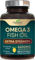 Omega 3 Fish Oil Supplements - 2400mg Fish Oil Per Serving - Triple Strength Omega-3 with Fatty Acids EPA & DHA - Natural Heart, Brain & Immune Support - Wild Caught, Bottled in USA - 120 Softgels