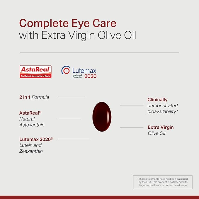 Lutein Astaxanthin Zeaxanthin, Eye Health Support Supplement, 2 in 1 Antioxidant Formula with Lutemax and AstaReal, with Extra Virgin Olive Oil, 30 Softgels