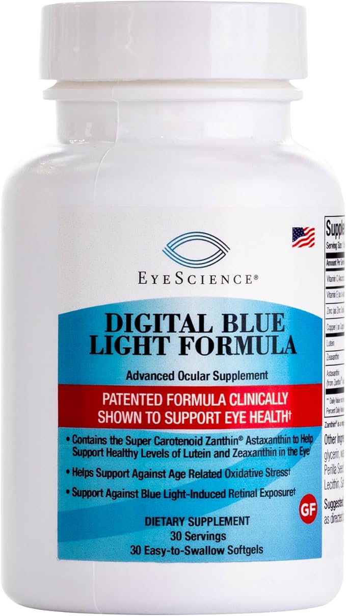 EyeScience Digital Blue Light Formula – Lutein, Zeaxanthin & Astaxanthin for Eye Health – Supports Visual Comfort, Blue Light Shield & Digital Eye Strain – Non-GMO, Gluten-Free, 30 Softgels (1-Pack)