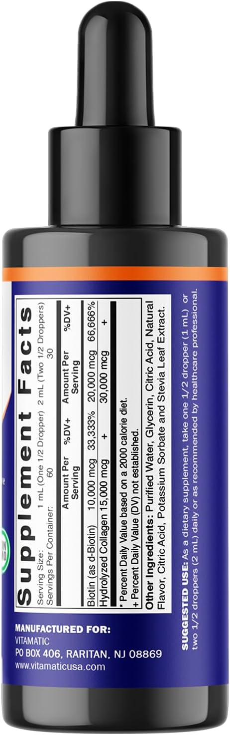 Vitamatic Liquid Biotin & Collagen Drops – 50,000 mcg – 2 fl oz Supports Healthy Hair Growth, Glowing Skin & Strong Nails – for Women and Men
