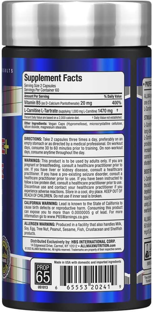 ALLMAX Essentials L-CARNITINE Tartrate - 120 Capsules - Stimulant-Free Metabolizer - Boosts Energy, Performance & Recovery - Gluten Free & Vegetarian - 60 Servings
