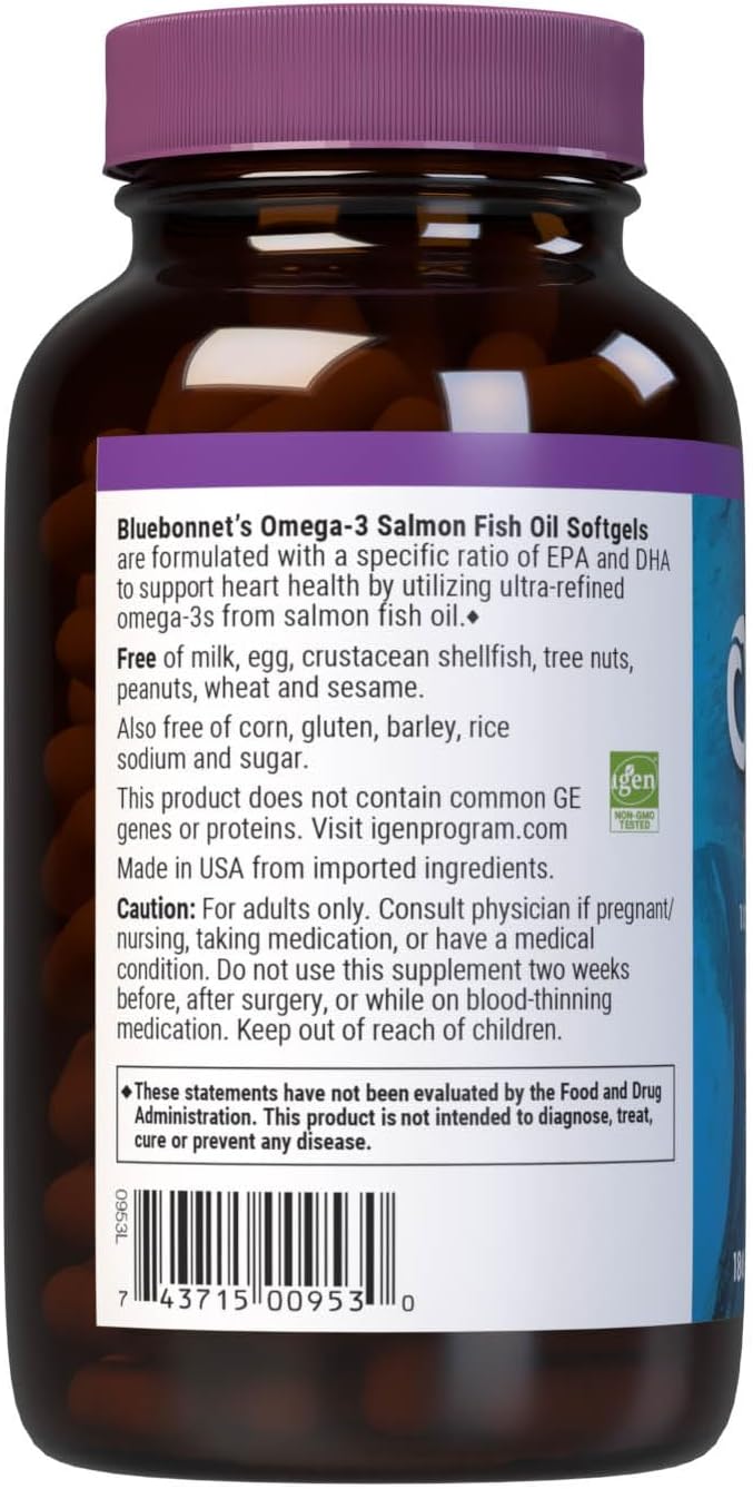 BlueBonnet Omega 3 1000mg Salmon Oil EPA DHA Essential Fatty Acids - Heart Health Supplement for Women & Men - Molecularly Distilled, Triglyceride Form Omega-3 Wild Salmon Fish Oil - 180 Softgels