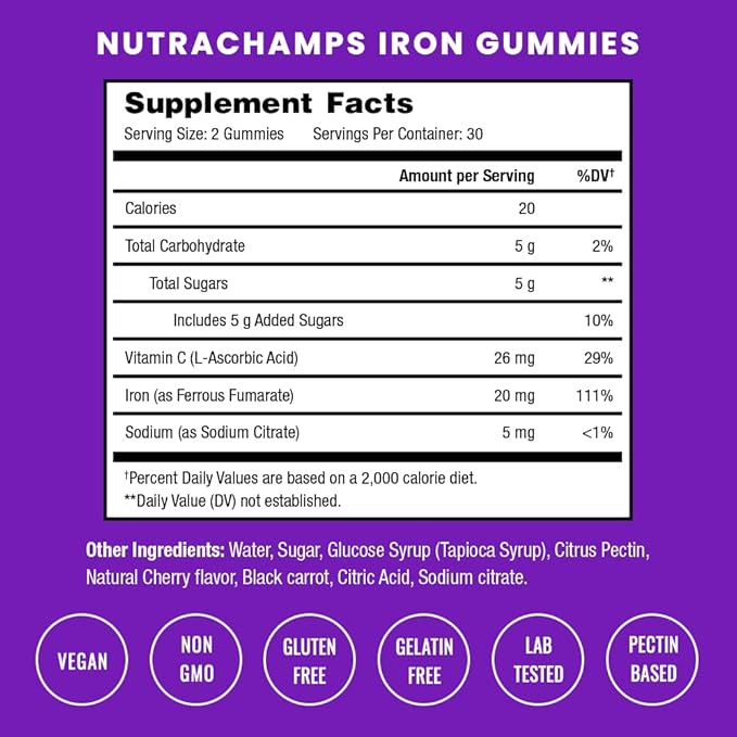 NutraChamps Iron Gummies with Vitamin C - 20mg, Blood Cell Formation Support, 60 Vegan Gummies for Iron Deficiency & Anemia, Energy, Focus, Immune Boost