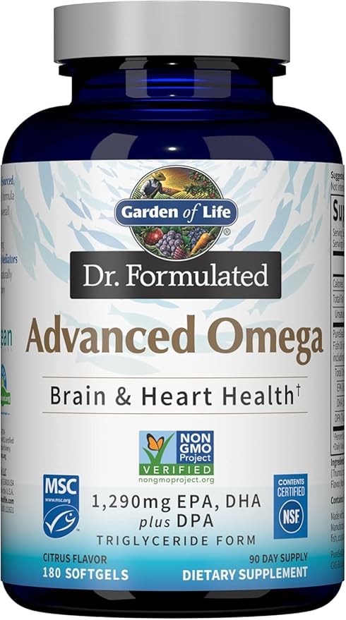 Garden of Life Dr. Formulated Advanced Omega Fish Oil, 1,290mg EPA DHA & DPA in Triglyceride Form - Omega 3 Fish Oil Supplement for Heart Health & Brain Support, Non-GMO, Citrus Flavored, 180 Softgels