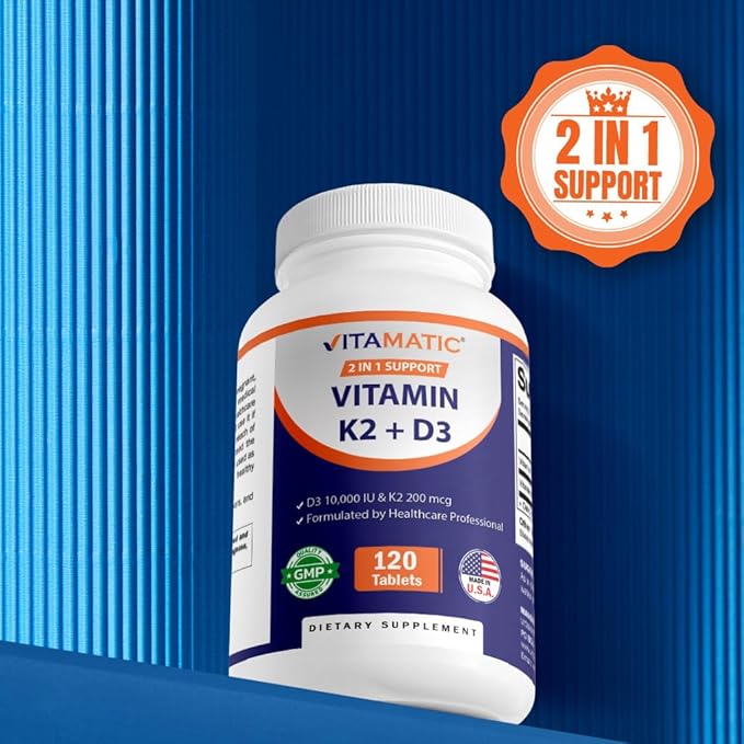 Vitamatic Vitamin D3 K2 Supplements with 10,000 IU Vitamin D + 200mcg Vitamin K MK-7, 120 Tablets Bone, Heart, Immune, & Calcium Support (Pack of 3)