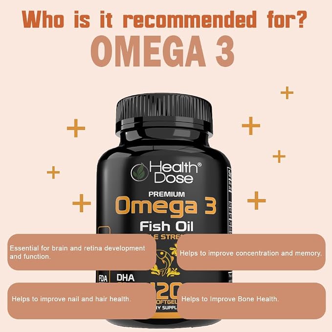 Health Dose Omega 3 Fish Oil 2000mg – Lemon-Flavored Softgels with EPA 800mg & DHA 600mg for Brain, Heart, and Wellness Support – Easy-to-Digest, No Fish Burps – 120 Softgels, 2-Month Supply