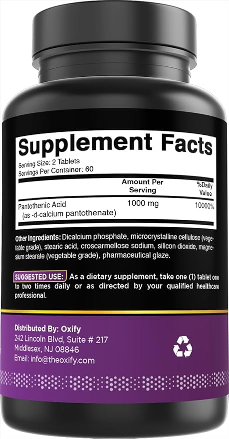 Oxify Panthothenic Acid 1000 mg |120 Tablets | Gluten-Free, Non-GMO | Supplement Made in USA