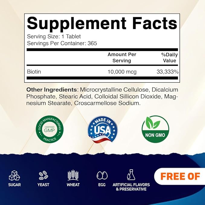 Vitamatic Biotin 10,000 mcg (10 mg) for Stronger Hair, Skin & Nails - 365 Vegan Tablets- Also Called Vitamin B7-2 Pack