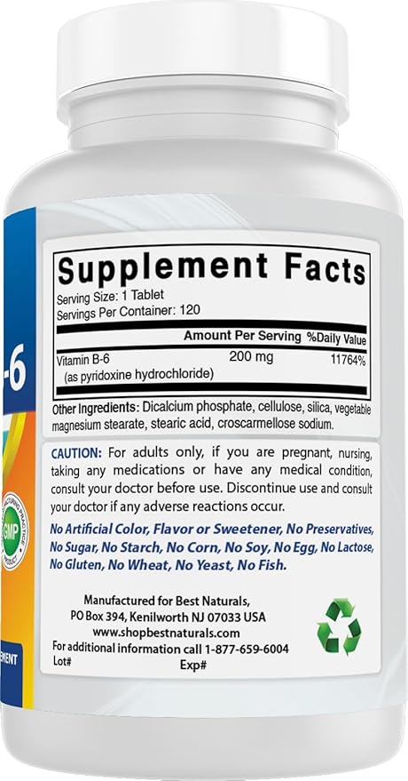 Best Naturals Vitamin b6 200mg for Adults, 120 Tablets (120 Count (Pack of 2))