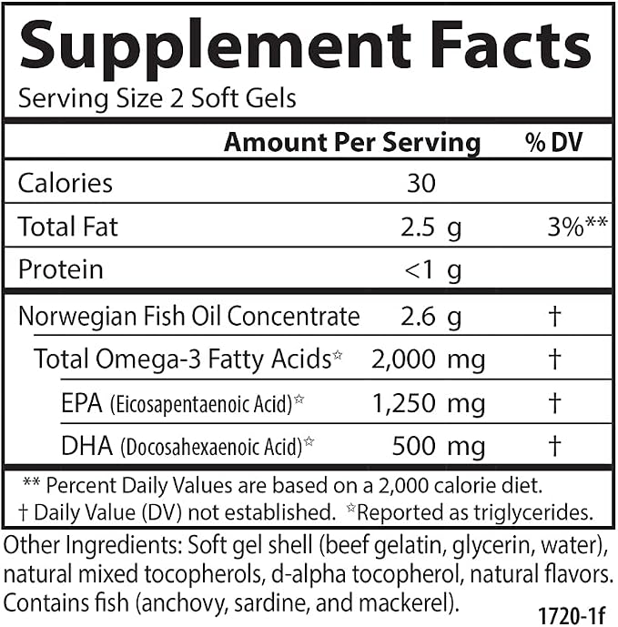 Carlson - Maximum Omega 2000, 2000 mg Omega-3 Fatty Acids Including EPA and DHA, Wild-Caught, Norwegian Fish Oil Supplement, Sustainably Sourced Fish Oil Capsules, Lemon, 60 Softgels