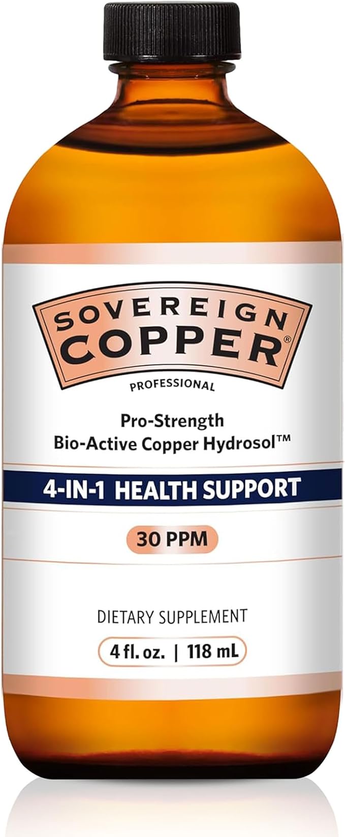 Sovereign Copper Pro-Strength Bio-Active Copper Hydrosol - Bioavailable Liquid Supplement for Adults & Kids w/ Silver Hydrosol for Hair, Skin, & Nails, 30ppm - 4 fl oz (118mL)