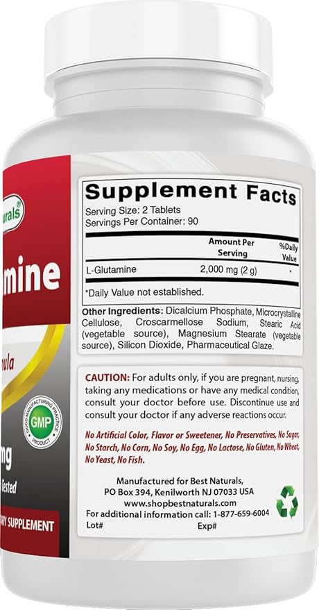 Best Naturals L-Glutamine 1000mg Fuel for Workout (Non-GMO) Tablets, 180 Count