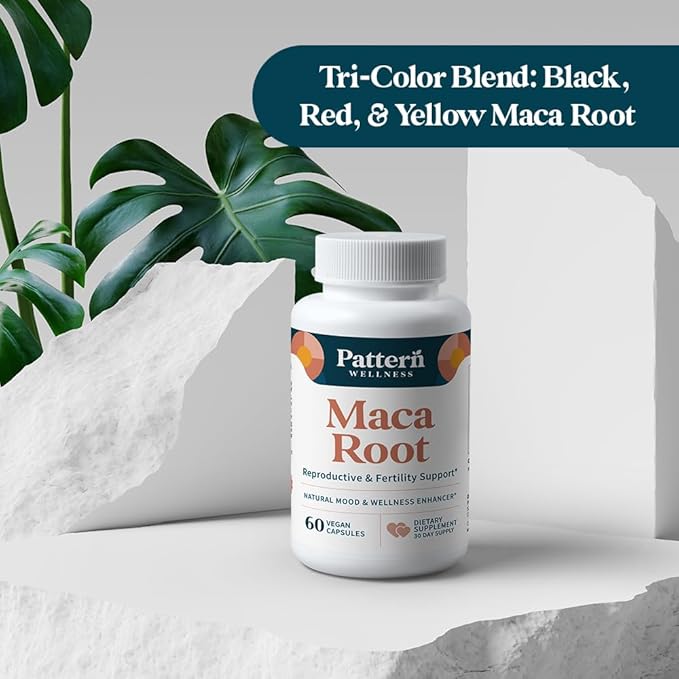 Pattern Wellness Maca Root Extract 20:1 (10,000 mg Equivalent) – for Men & Women – Tri-Color Black/Red/Yellow Blend – 60 Vegan, Non-GMO Capsules