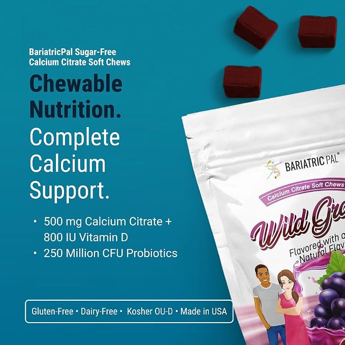 BariatricPal Sugar-Free Calcium Citrate Soft Chews | 500mg with Vitamin D & Probiotics | Wild Grape | 90 Count (1 Month Supply)