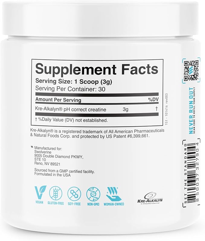 Swolverine Kre-Alkalyn Creatine Powder – pH-Buffered Creatine with Sodium Bicarbonate, No Loading Phase, Supports Strength, Power & High-Intensity Performance, 30 Servings, Unflavored