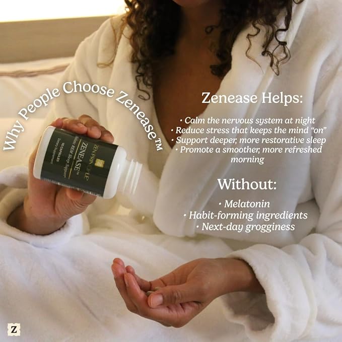 Zen Principle Zenease Sleep Support with Magnesium Glycinate, Ashwagandha KSM-66®, Saffron, L-Theanine & GABA – No Melatonin, Natural Stress Relief & Sleep Aid. 180 Capsules