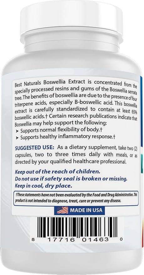 Best Naturals Boswellia Serrata Joint Health 250 mg 120 Capsules - Standardized to 65% Boswellic Acid (120 Count (Pack of 1))
