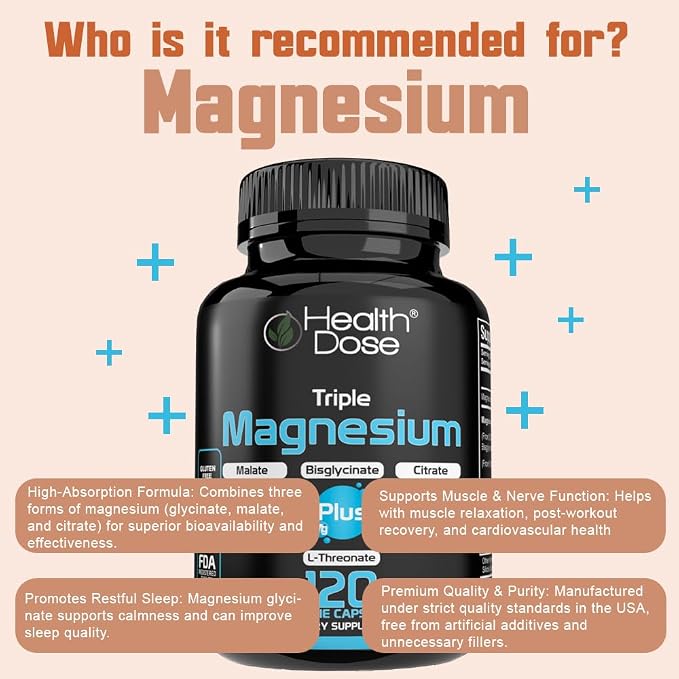 Health Dose Triple Magnesium Complex 1000 mg | L-Threonate, Bisglycinate, Citrate & Malate Blend | Support for Muscle Relaxation, Sleep & Cognitive Function | 120 Capsules | All-in-One Formula (2)